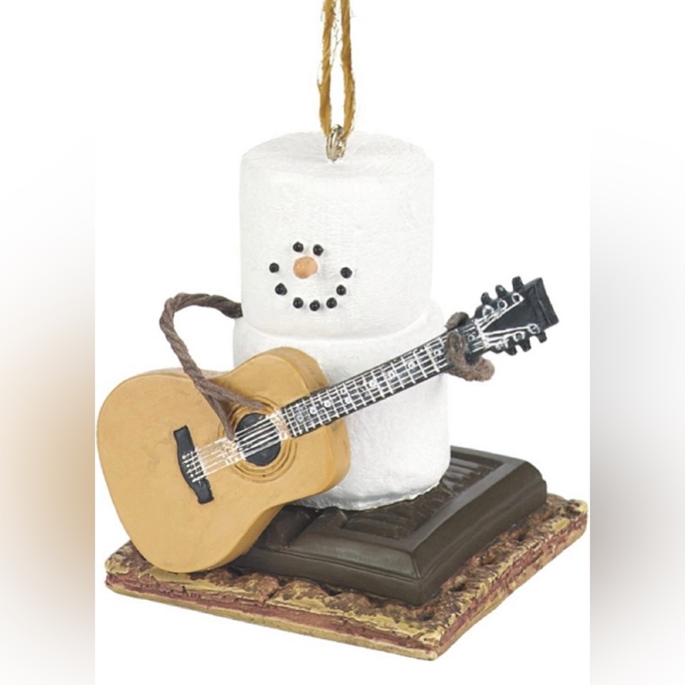 Snow Man Playing Guitar On S'more Ornament -Holiday Christmas Tree Decor